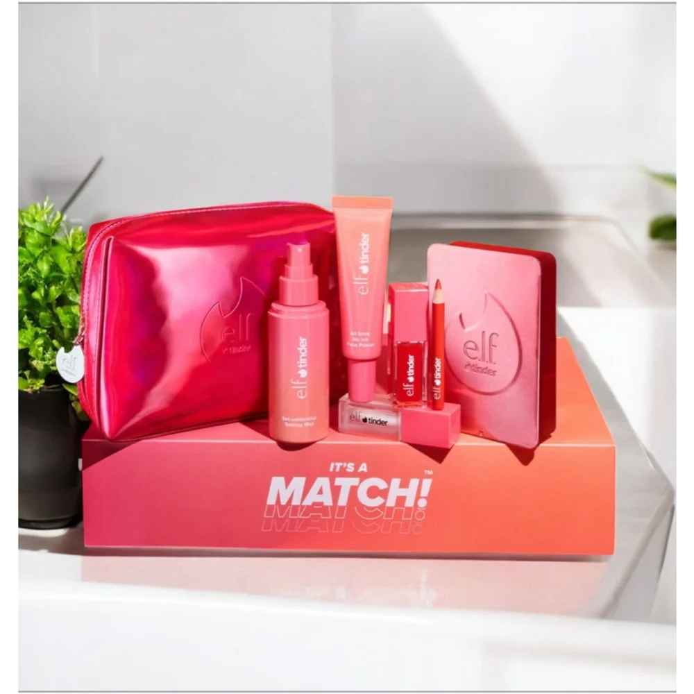 Limited Edition ELF X TINDER Its a match lip, primer, setting mist & makeup bag